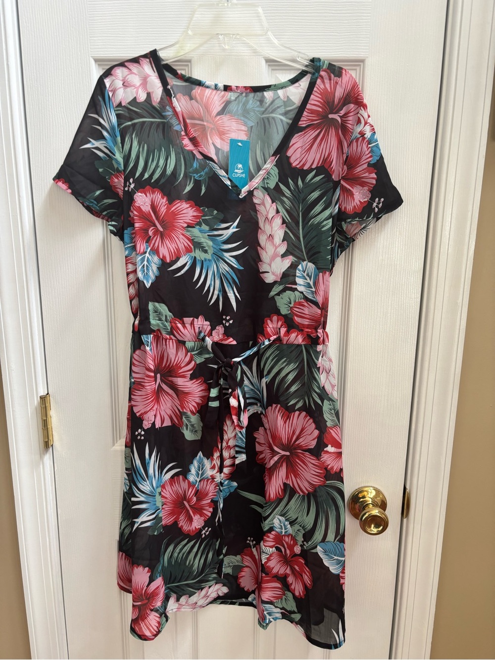 CUPSHE Floral Black Tropical Print Beach Cover-Up Dress w/ Tie Waist, Size L,NWT - Picture 2 of 5